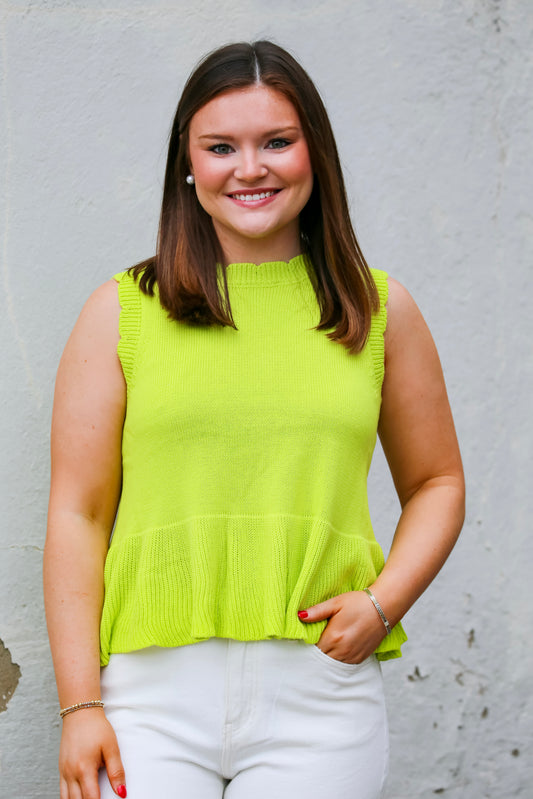 Sweet Peplum Knit Tank in Chartreuse