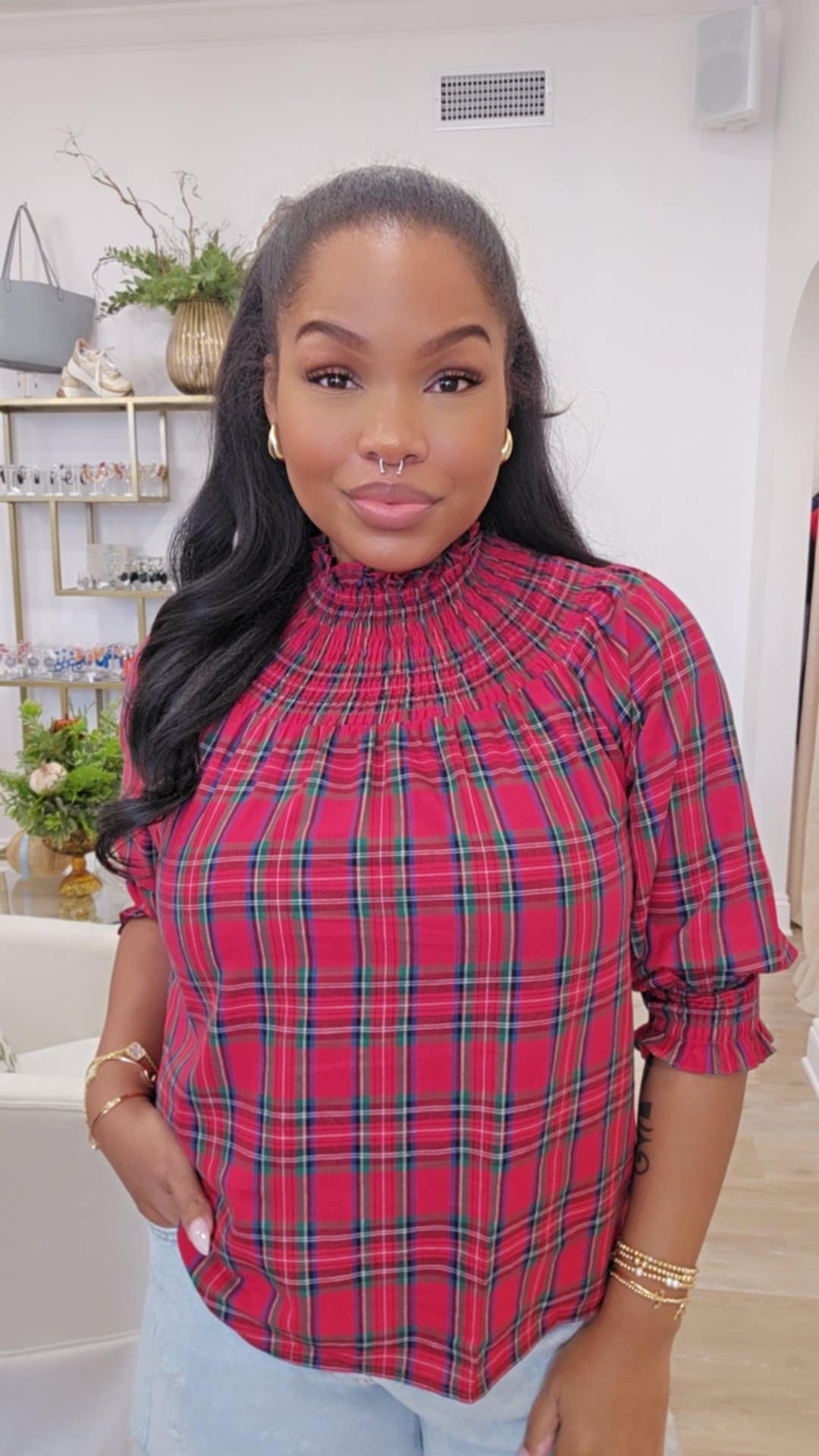 Jace Plaid Verity Smocked Top in Red