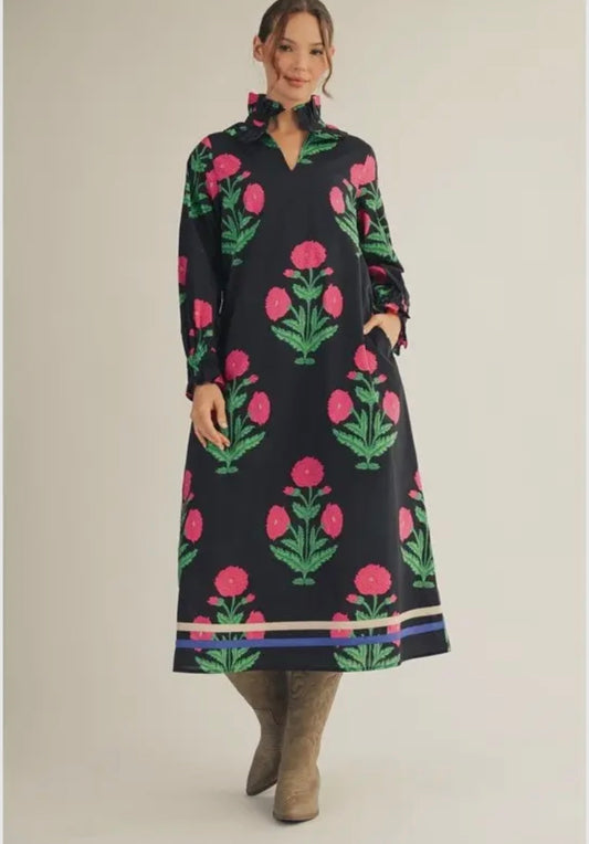 Ruffle Neckline Floral Midi Dress-Black