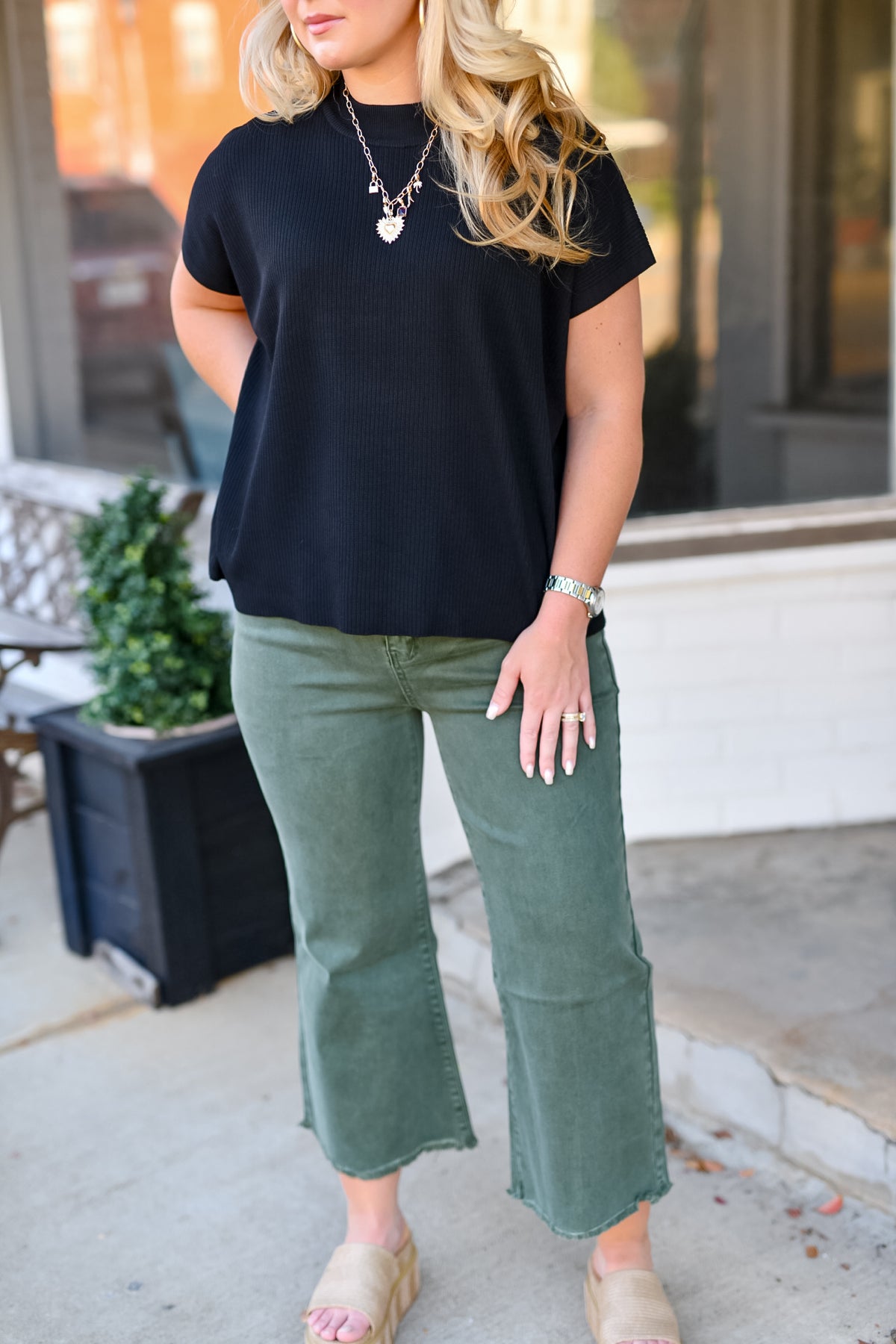 Acid Washed High Waist Frayed Hem Straight Pants-Dark Olive