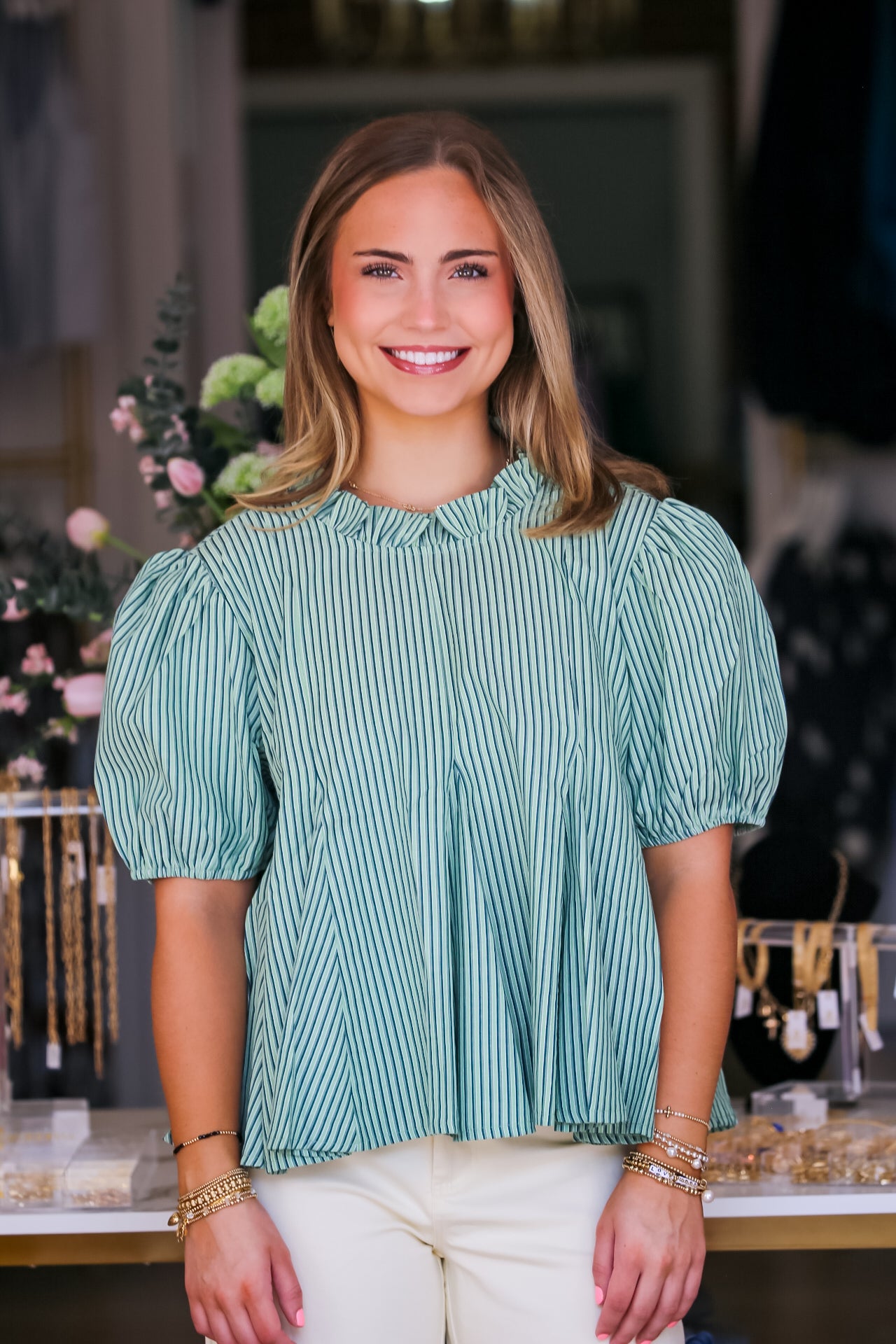 Ruffle Neck Puff Sleeve Stripe Blouse in Green