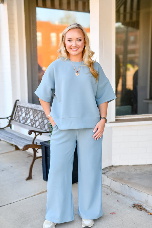 Ribbed Round Neck Tee & Pants Set in Blue Grey