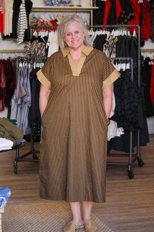 The Preston Stripe Dress in Dark Brown