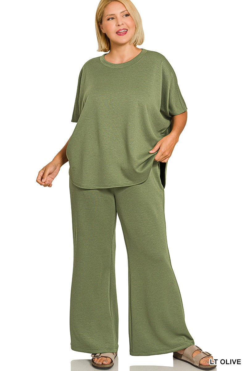 Scuba Curved Hem Top & Pants Set in Light Olive-Curvy
