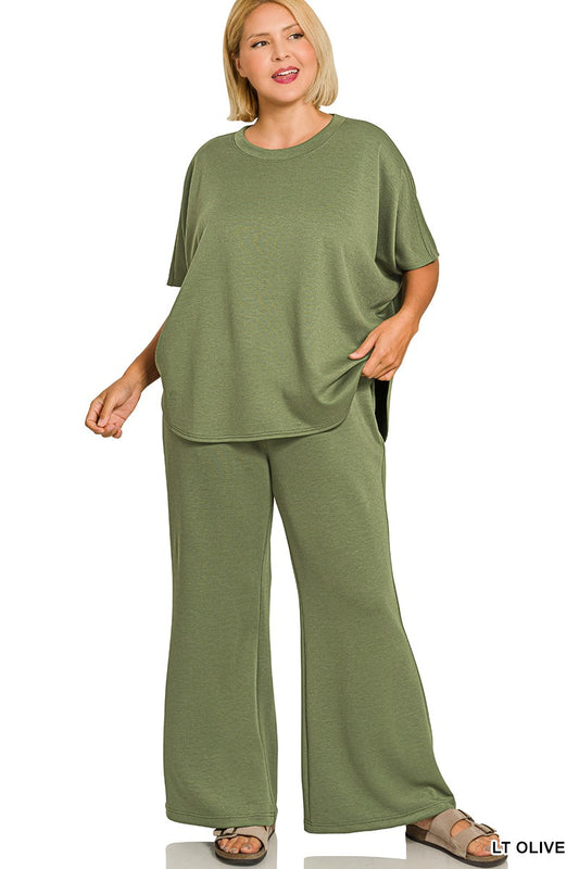 Scuba Curved Hem Top & Pants Set in Light Olive-Curvy