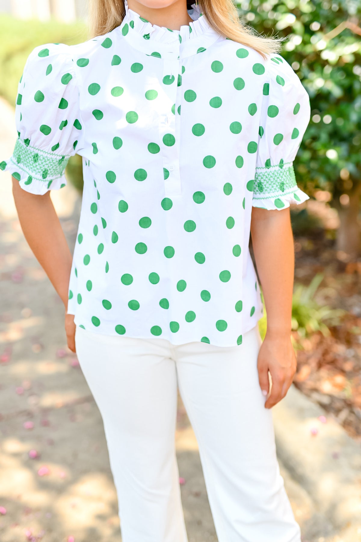 Polka Dot Puff Sleeve Blouse in White/Kelly Green
