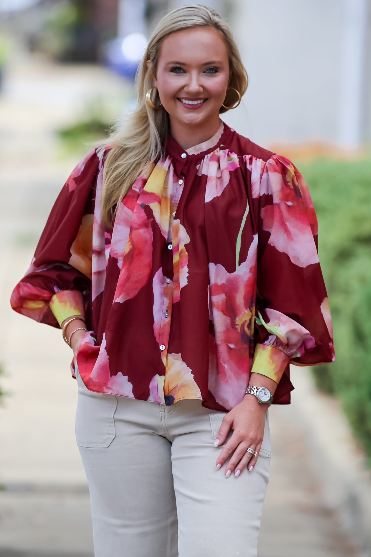 Voluminous Floral Print Blouse in Burgundy