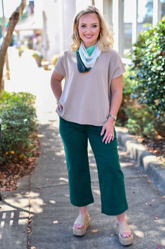 Cropped Wide Leg Color Denim Pants-Hunter Green