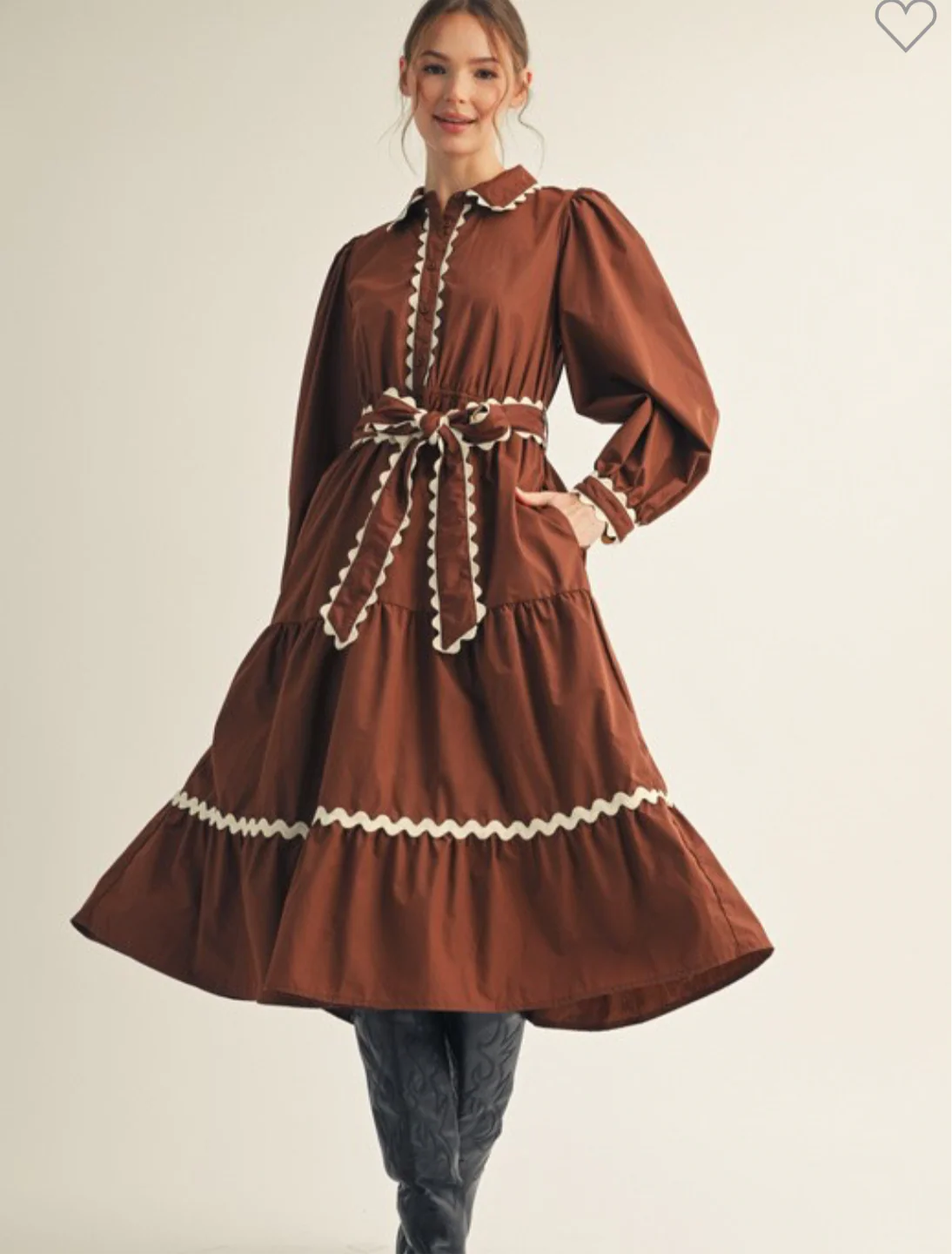 Solid Belted Waist Midi Dress-Brown