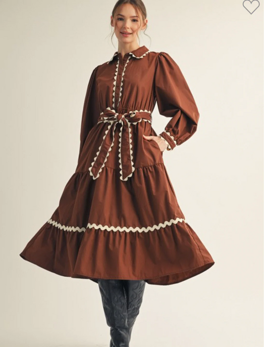 Solid Belted Waist Midi Dress-Brown