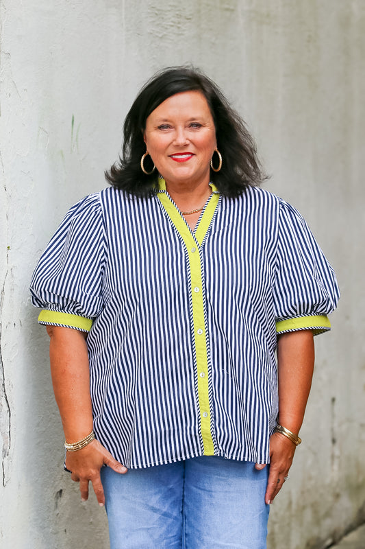 Lime Line Statement Blouse in Navy-Curvy