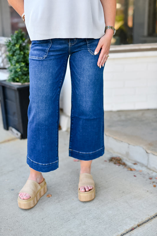 Utility Pocket Cropped Wide Leg Denim Pants