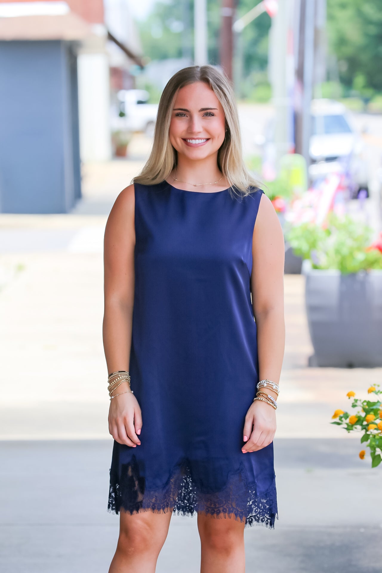 Lace Detail Satin Shift Dress in Navy