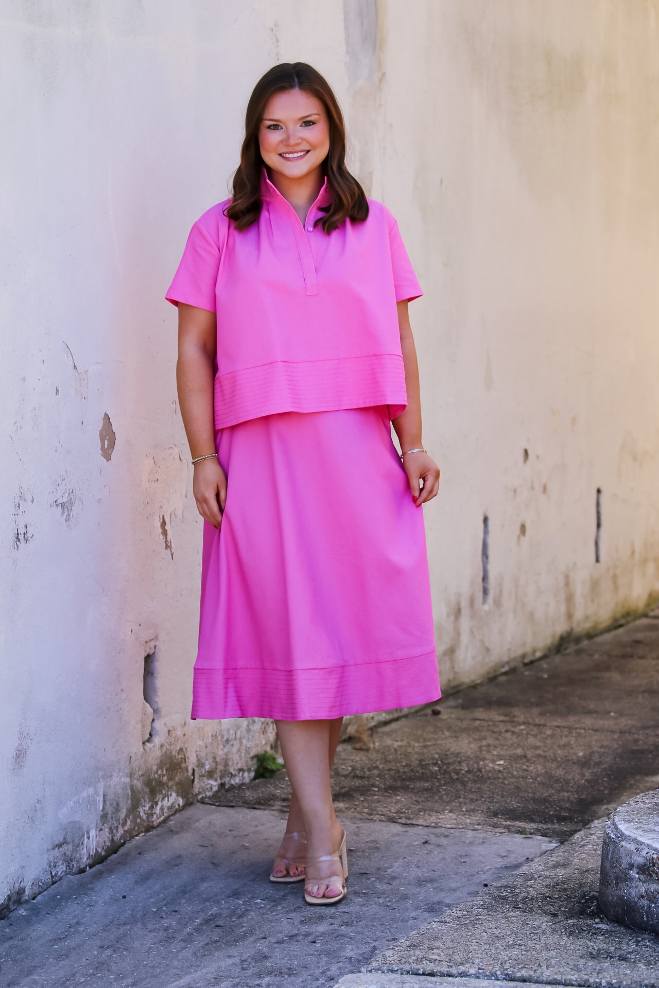 Pink Stitch Hem Midi Skirt