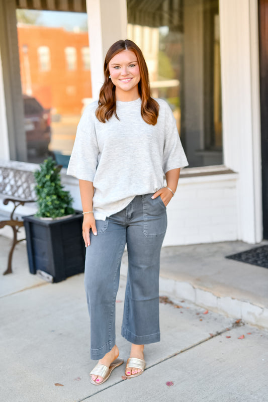 Cropped Wide Leg Color Denim Pants-Ash Black