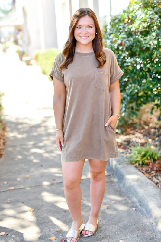 Acid Washed T-shirt Dress in Mocha