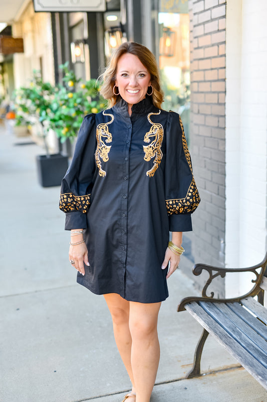 Leopard Embroidered Dress in Black