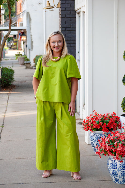 Adele Premium Poplin Wide-Leg Pants in Green