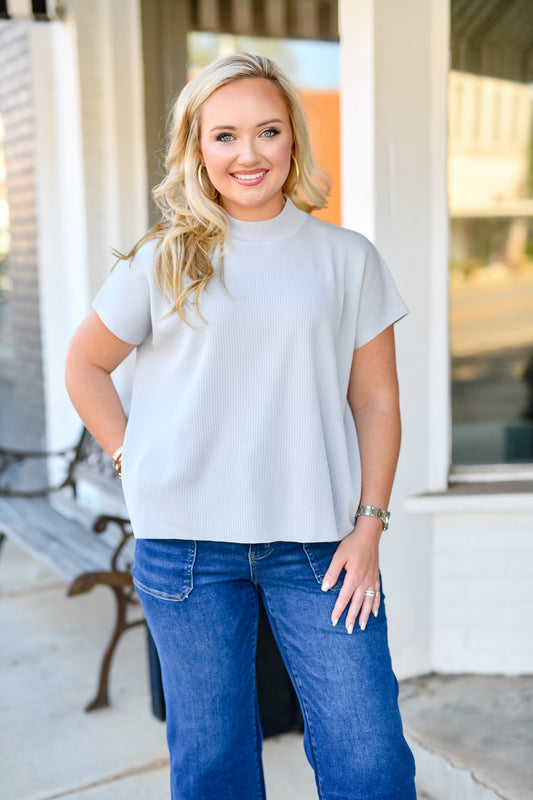 Mock Neck Short Sleeve Boxy Sweater in Light Grey