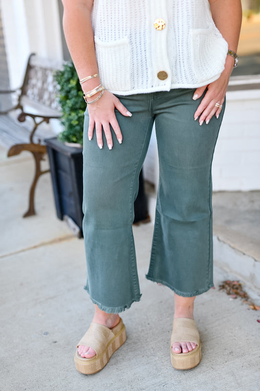 Acid Washed High Waist Frayed Hem Straight Pants-Ash Jade