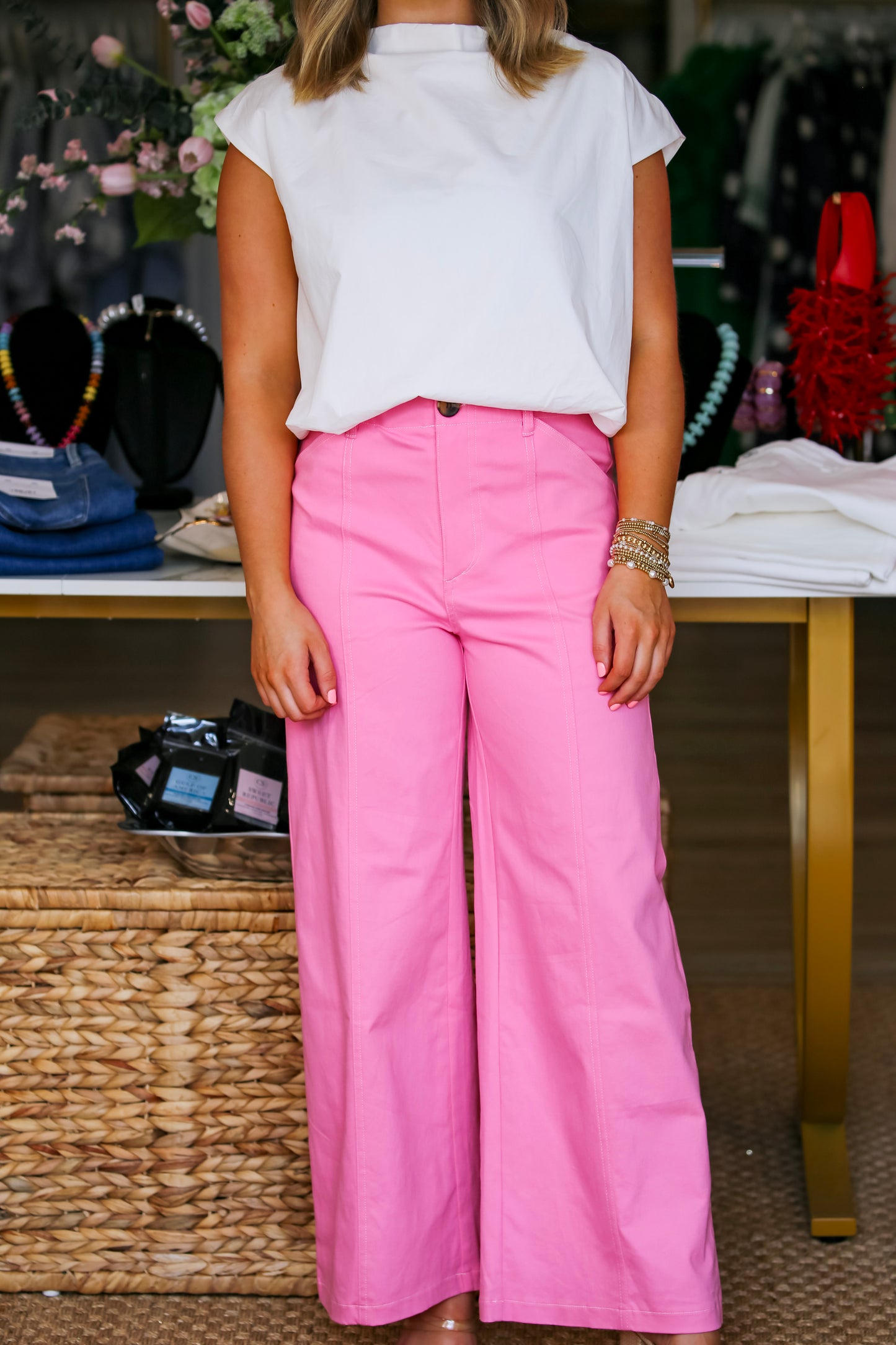 High Rise Stitch Seamed Crop Pants in Pink