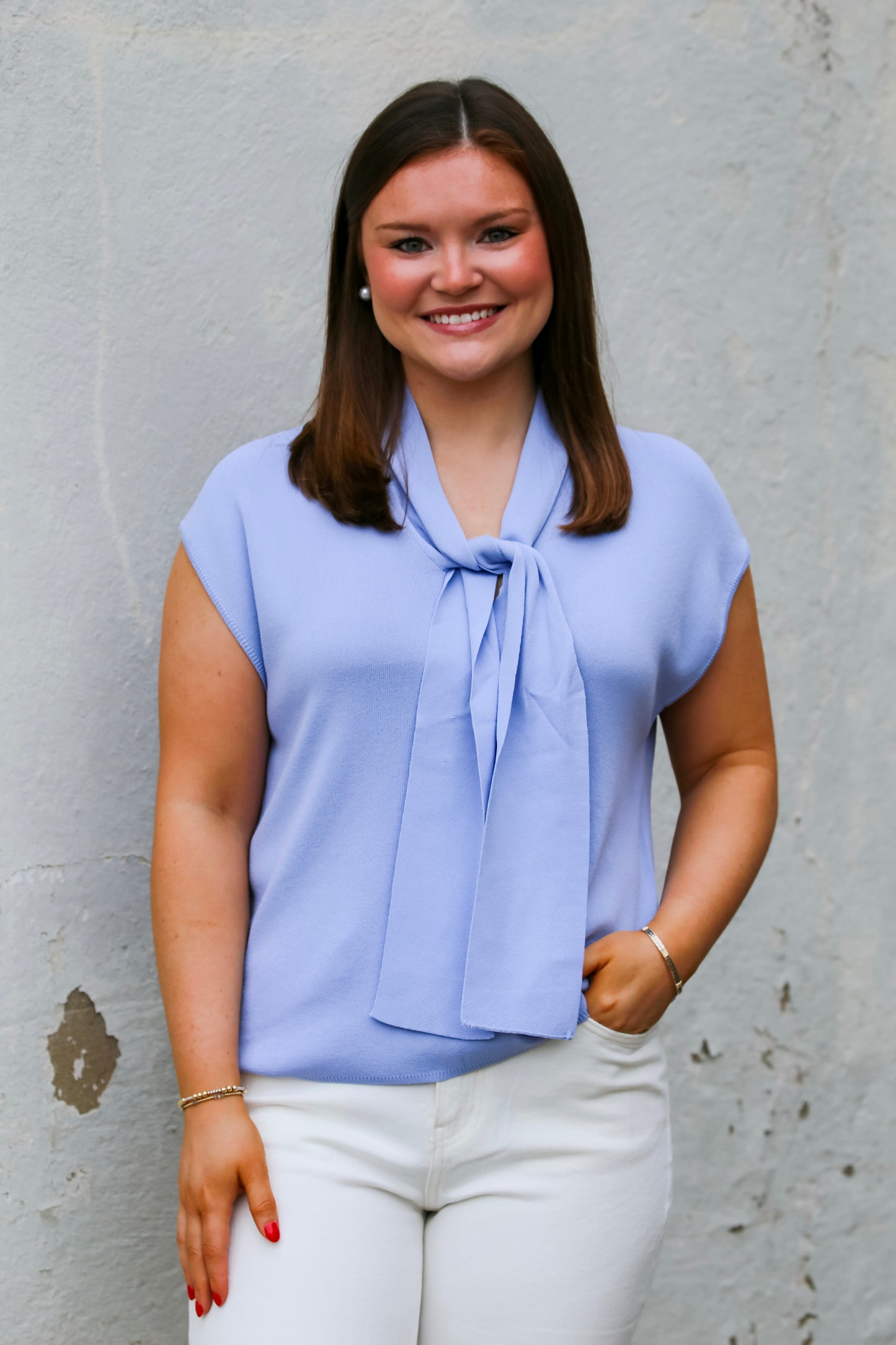 Tie Neck Knit Top in Blue