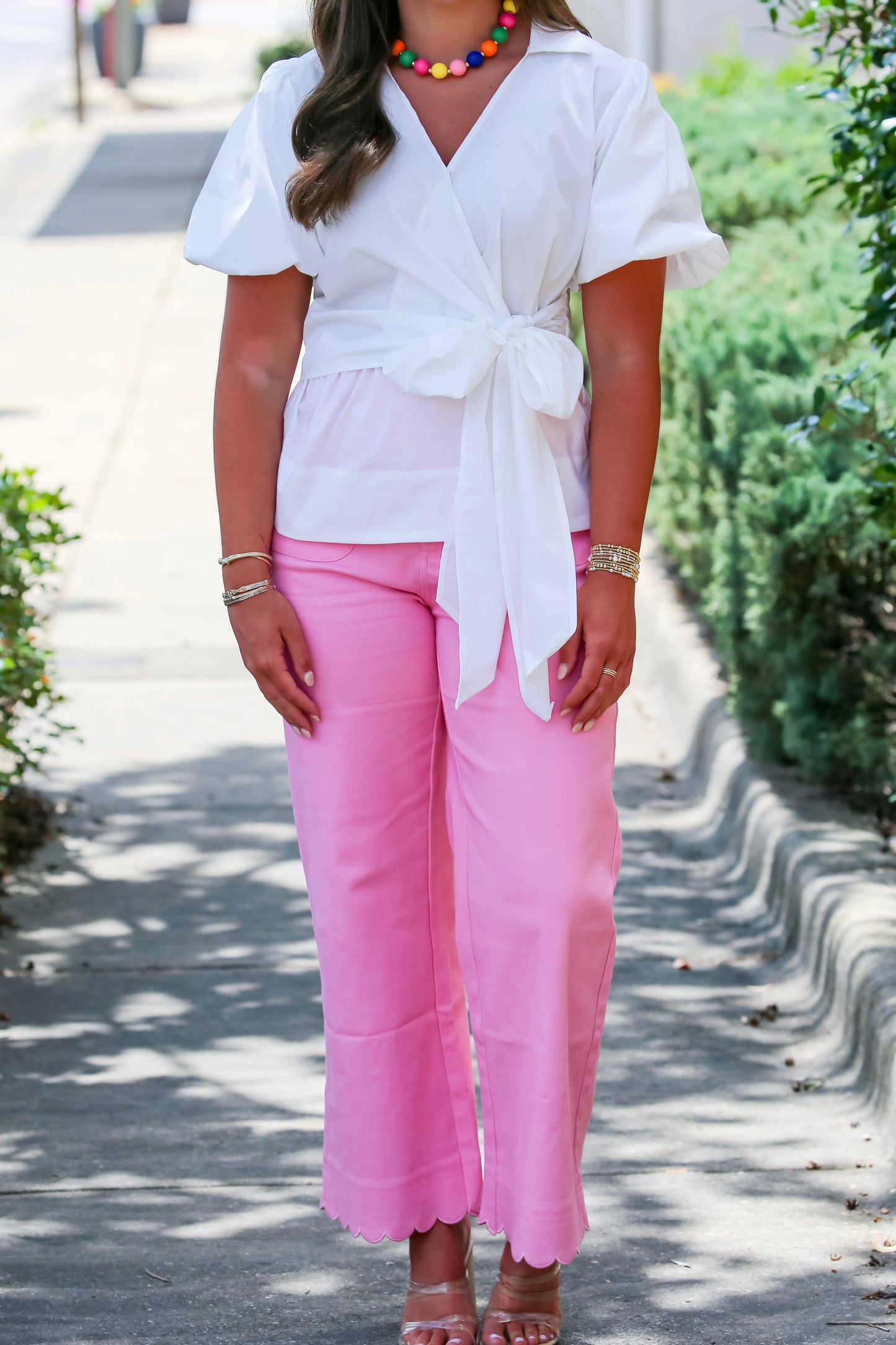 High Waist Scallop Trim Pants in Pink