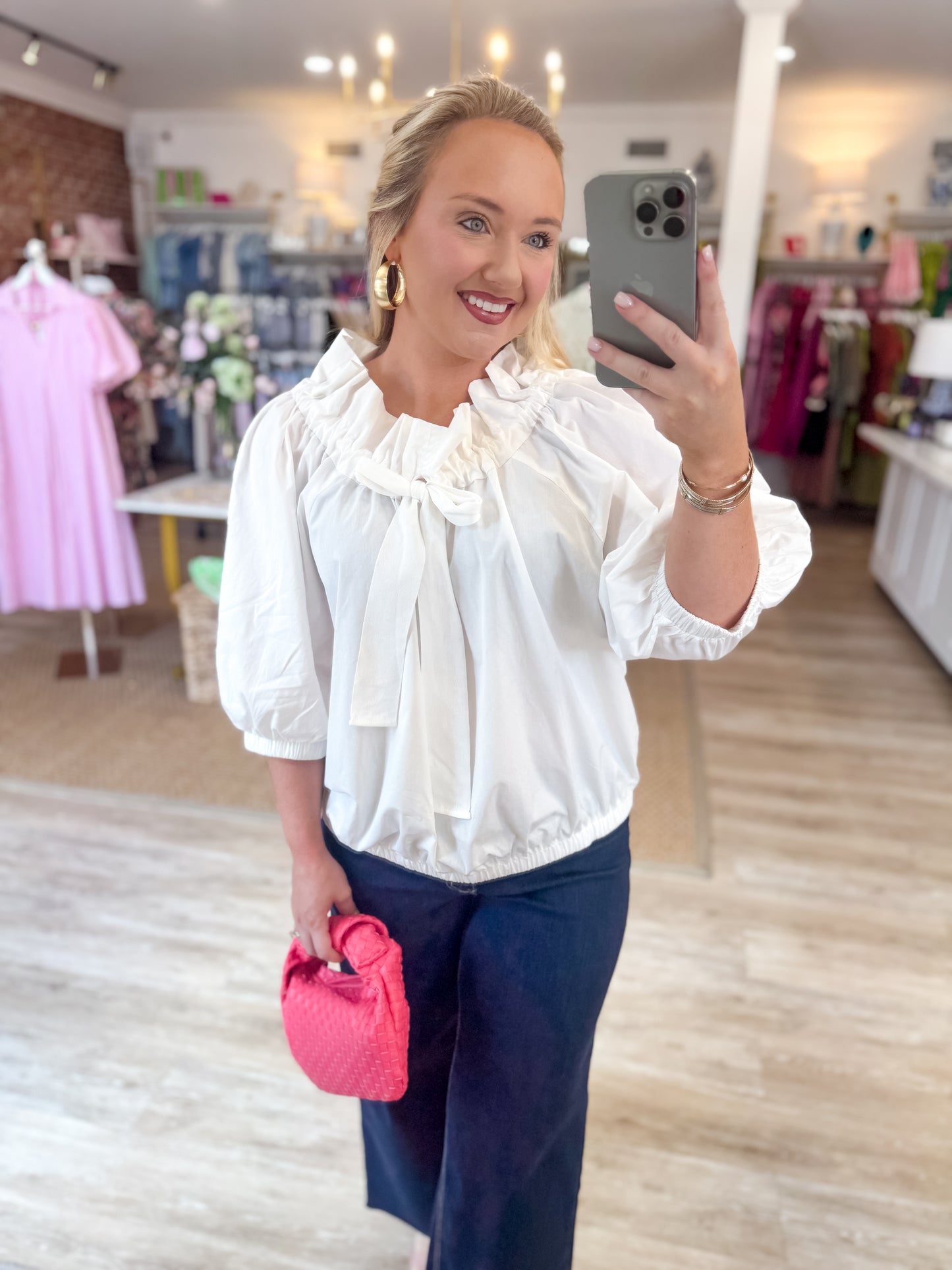Drop Shoulder Drawstring Top in White