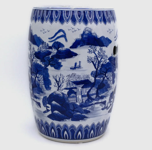 Blue and White Hand Painted Landscape Garden Stool