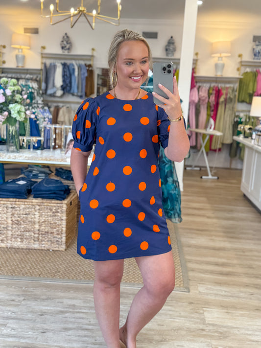 Puff Sleeve Polka Dot Mini Dress-Navy/Orange