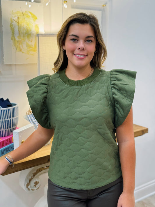 The Quilted Ruffle Sleeve Top in Olive