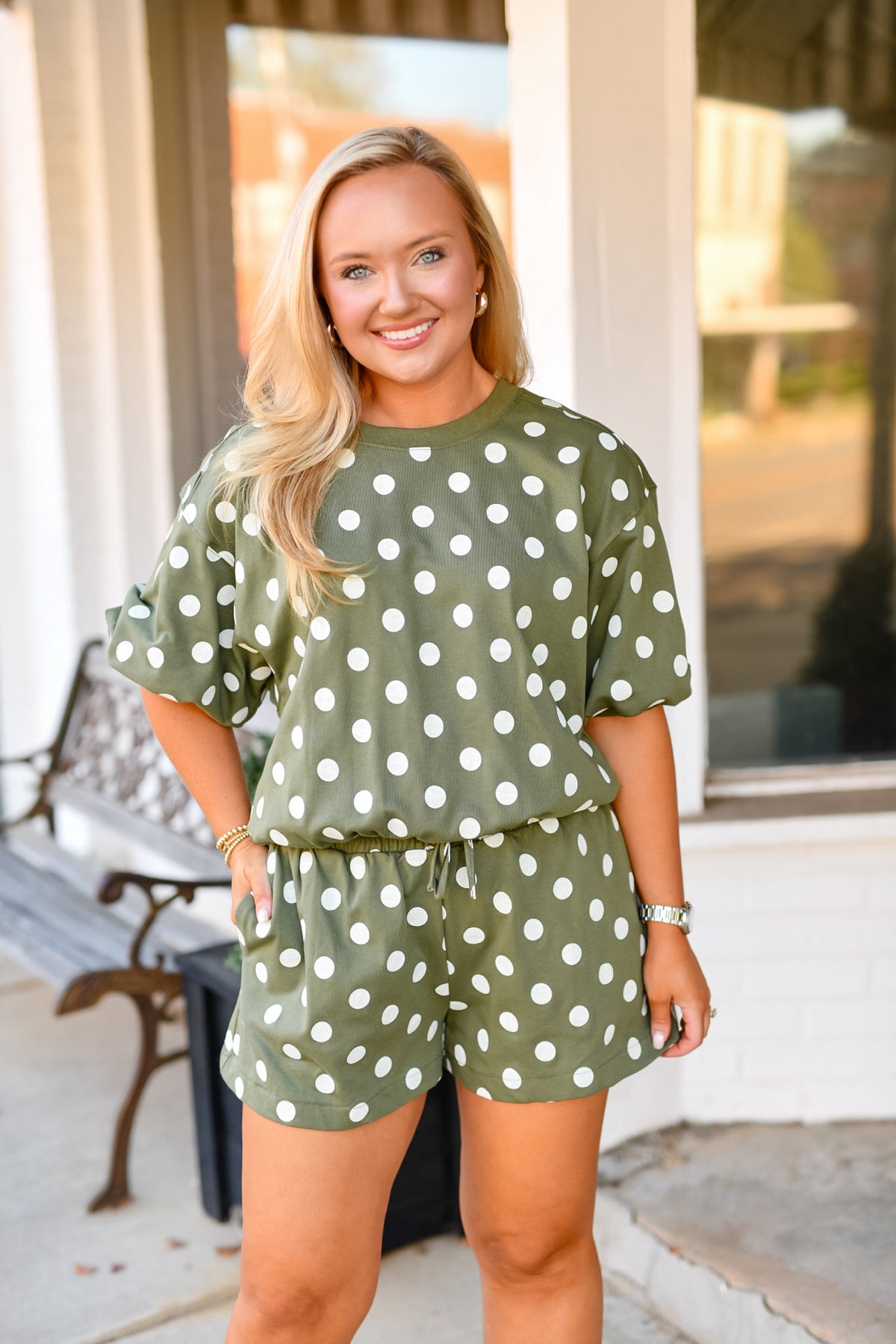 Bubble Sleeve Polka Dot Top in Olive