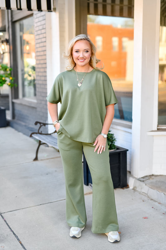 Scuba Curved Hem Top & Pants Set in Light Olive-Curvy
