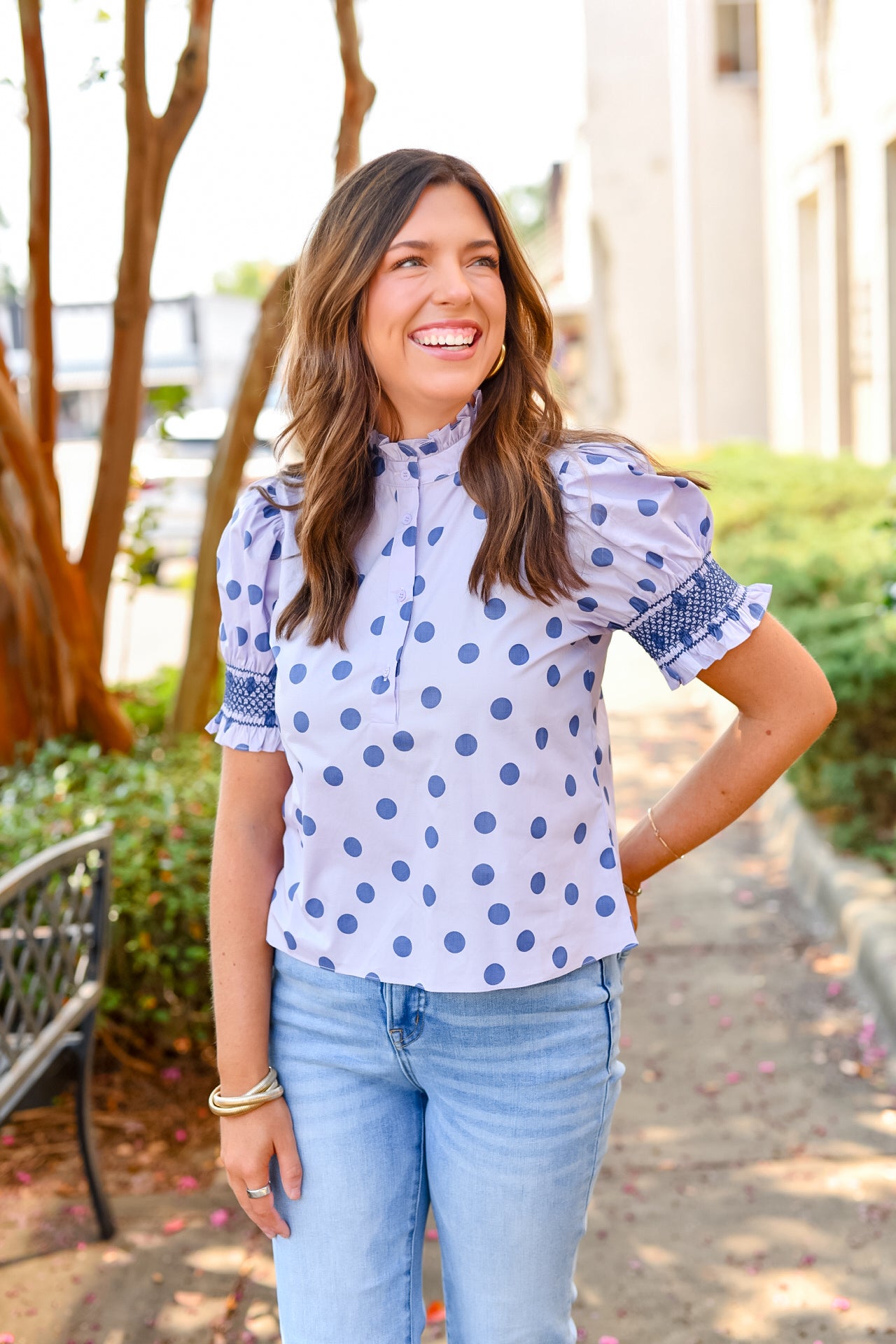 Polka Dot Puff Sleeve Blouse in Lavender