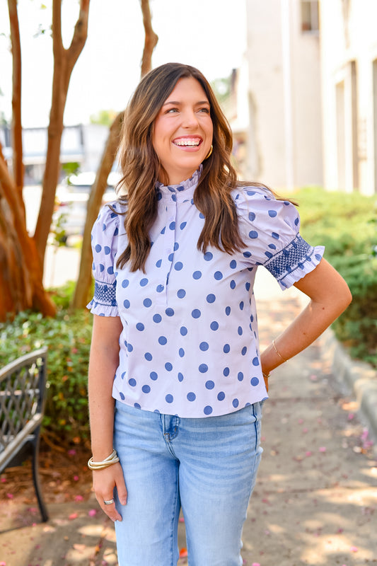 Polka Dot Puff Sleeve Blouse in Lavender