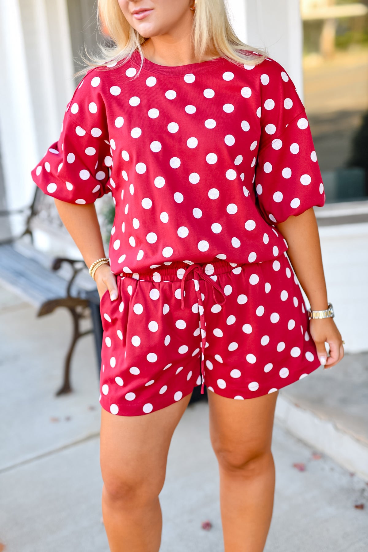 Bubble Sleeve Polka Dot Top in Burgundy