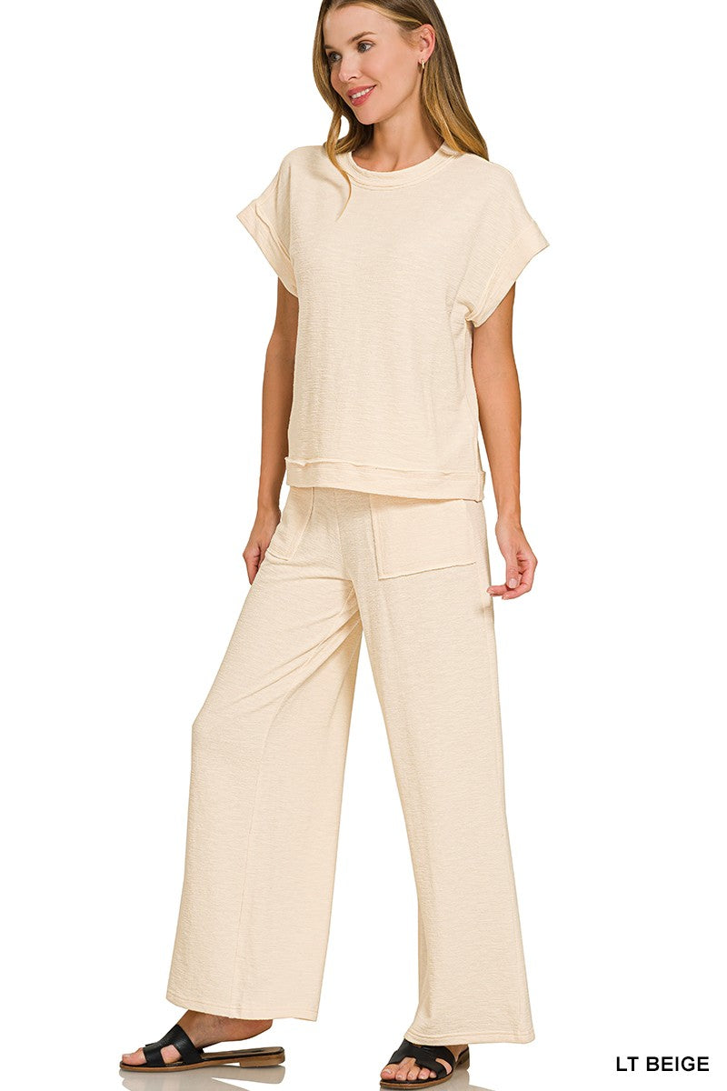 Cotton Short Sleeve & Long Pants Set in Light Beige
