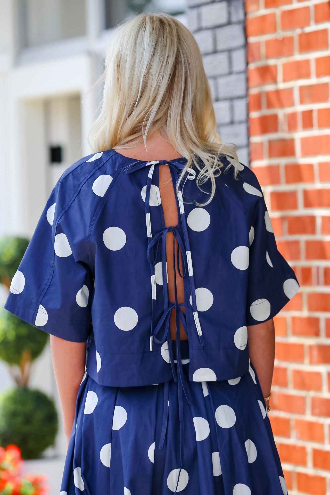 Polka Dot Back-Tie Top in Navy