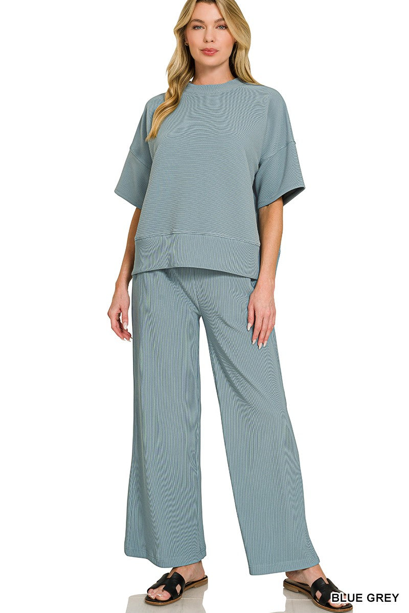 Ribbed Round Neck Tee & Pants Set in Blue Grey