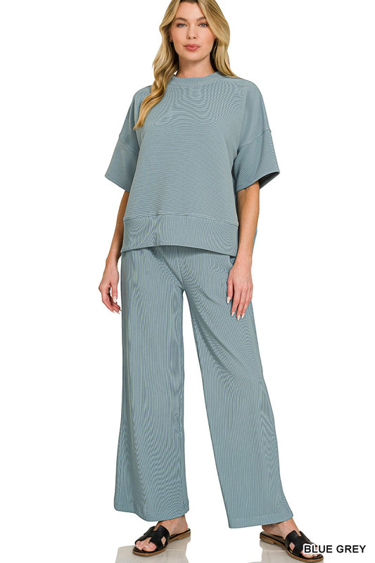 Ribbed Round Neck Tee & Pants Set in Blue Grey