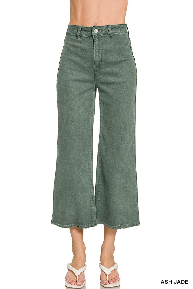 Acid Washed High Waist Frayed Hem Straight Pants-Ash Jade