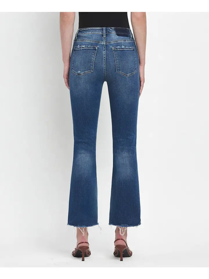 High Rise Raw Step Hem Crop Flare Jeans