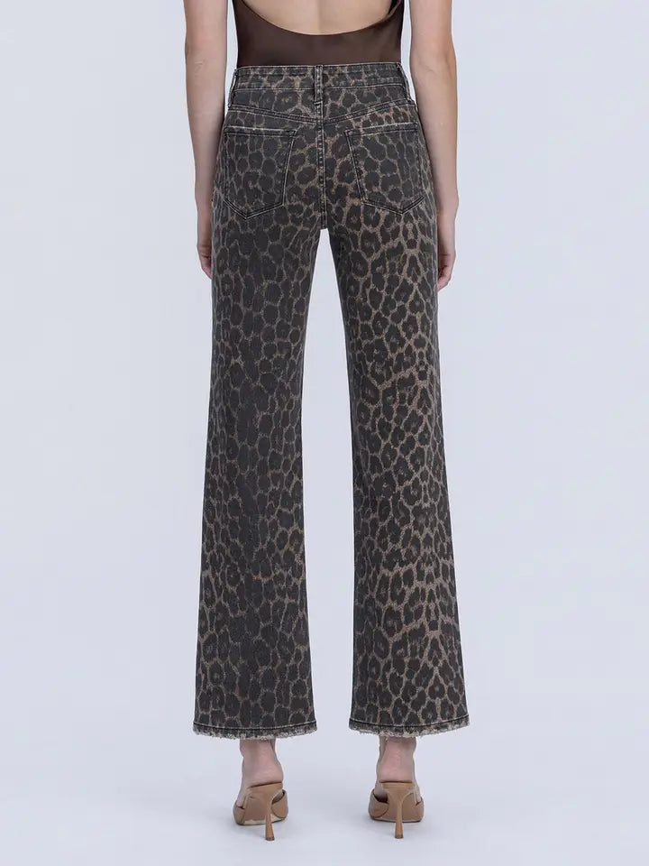 High Rise Leopard Print Slim Wide Jeans