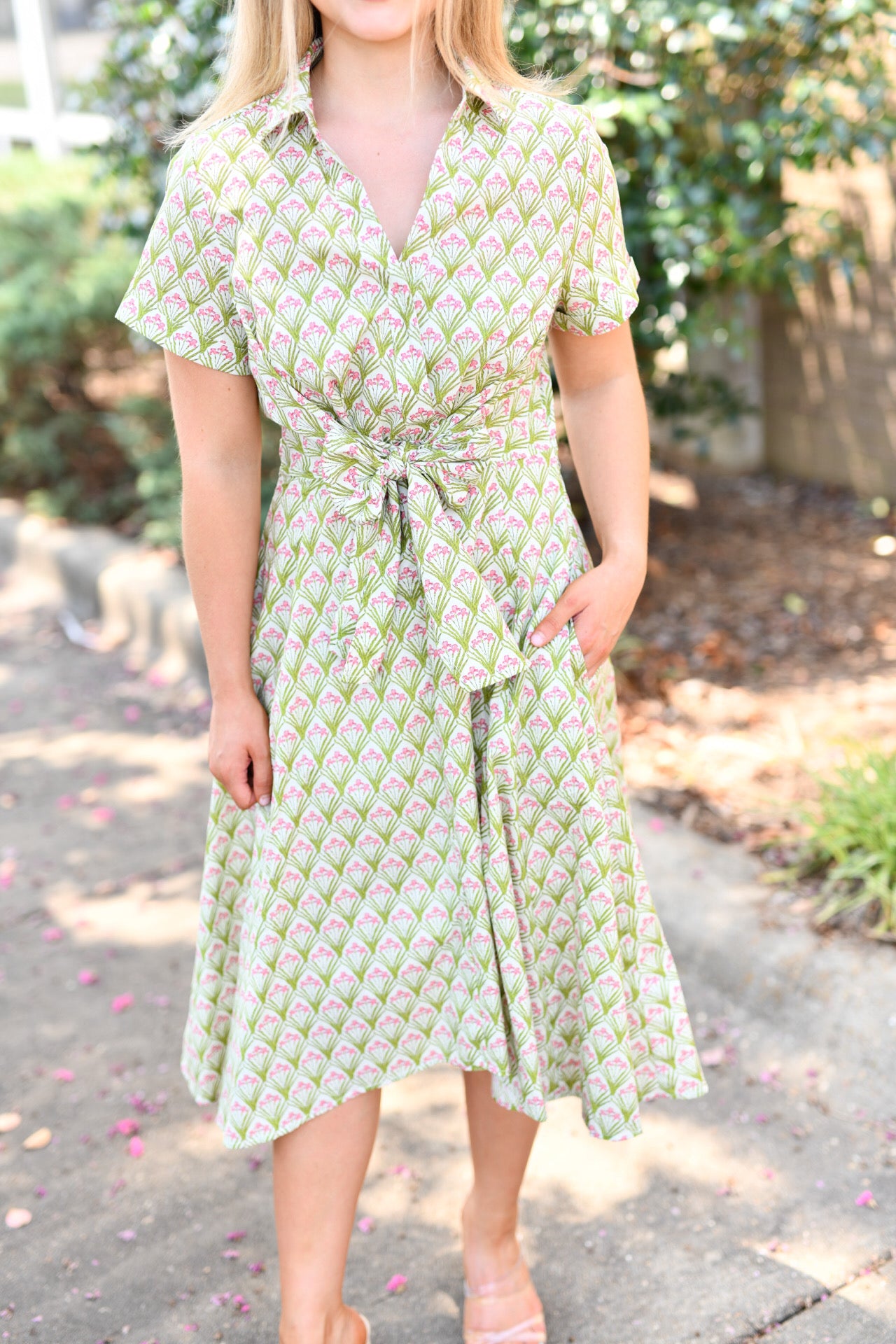 Flower Print Front Twist-Tie Dress-Green