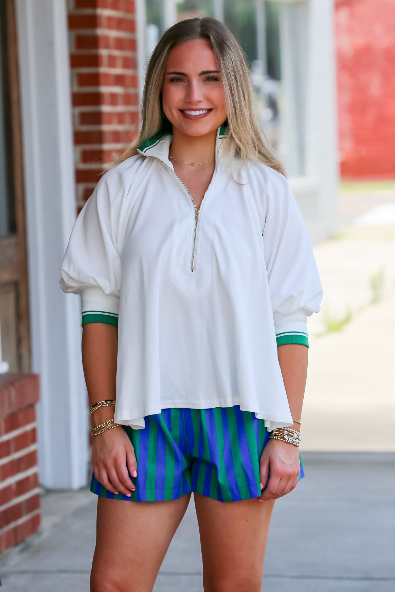 Mock Neck Half Zip Puff Sleeve Top in White