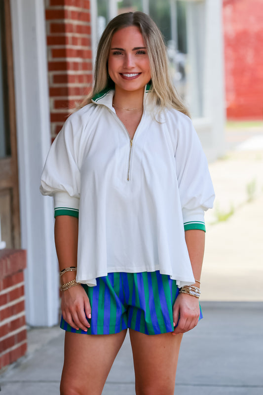 Mock Neck Half Zip Puff Sleeve Top in White