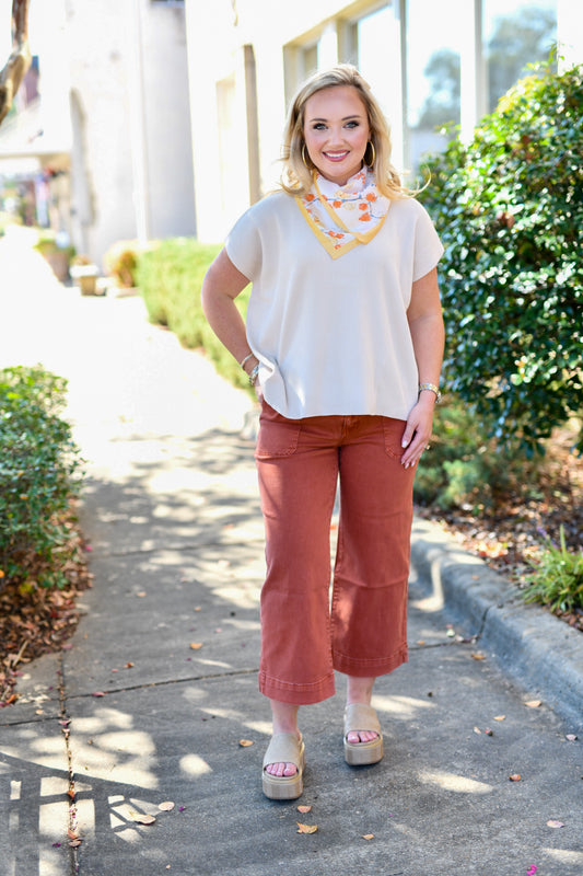 Cropped Wide Leg Color Denim Pants-Rust