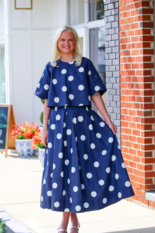 Polka Dot Pleated Midi Skirt in Navy