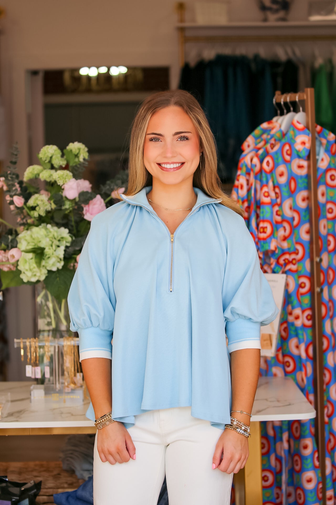 Mock Neck Half Zip Puff Sleeve Top in Blue