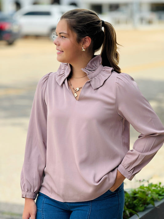 The Tracy Ruffle Neck Blouse in Taupe